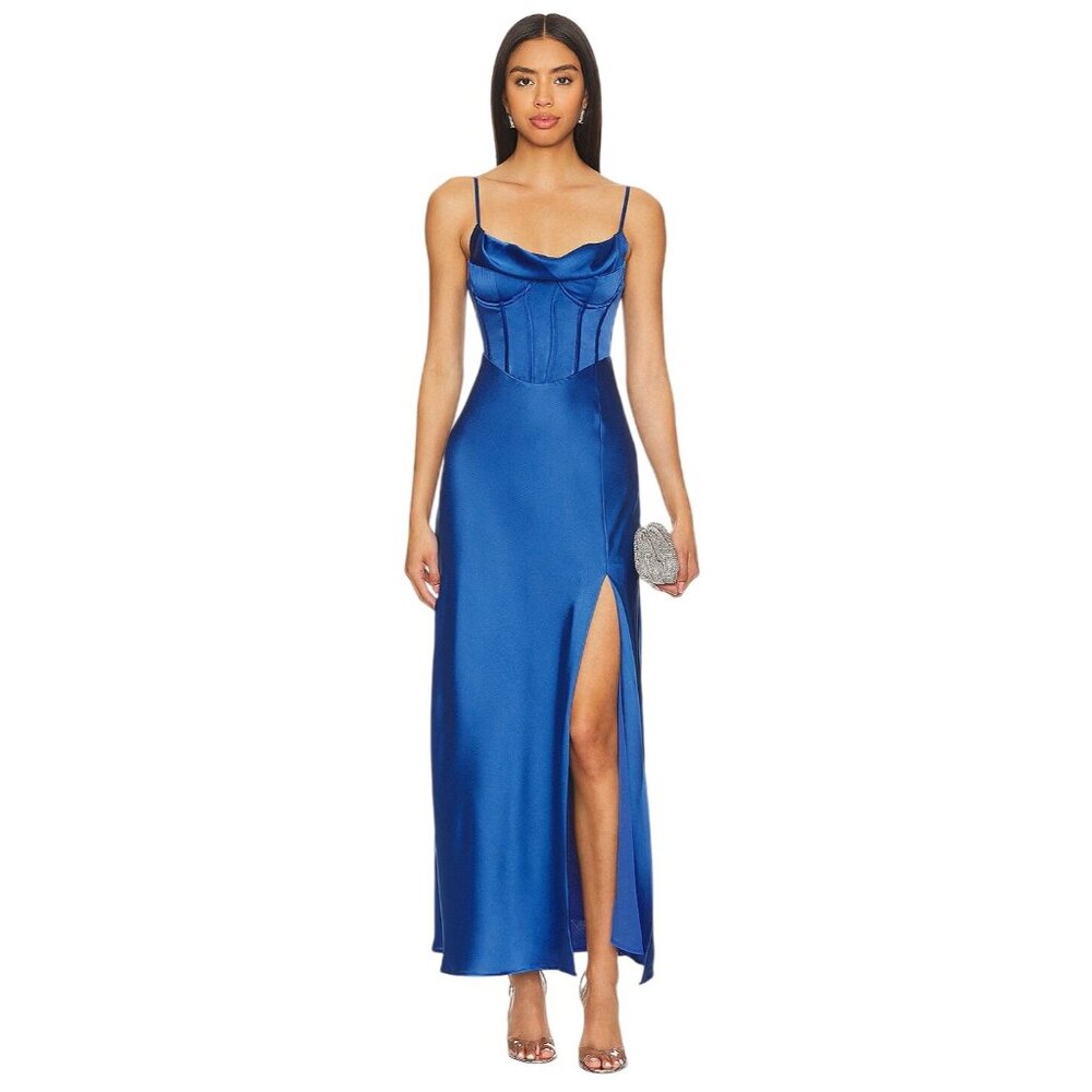 ASTR the Label Cannes Dress in Denim Blue Small New Womens Satin Maxi